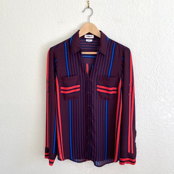 Express Portofino Blouse Striped Navy Red Cobalt Button Up Top Business Casual - Picture 1 of 9